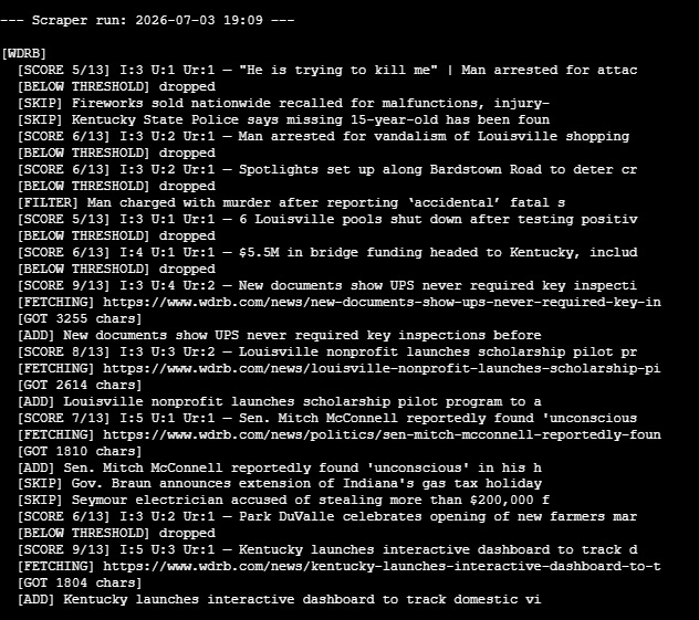 Story Desk scraper running in terminal, showing two-pass scoring and article fetching