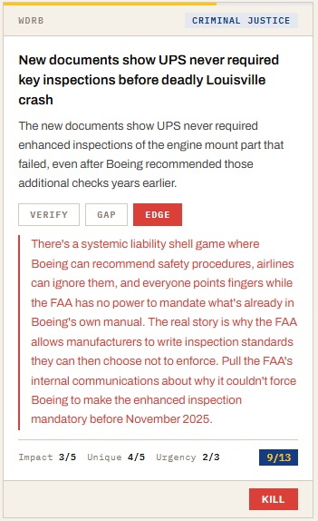 Story Desk Edge output — an investigative angle generated from a competitor story